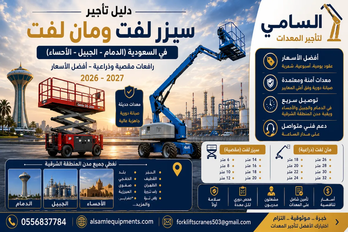 دليل تأجير سيزر لفت ومان لفت في السعودية (الجبيل، الأحساء، الدمام) – رافعات مقصية وذراعية