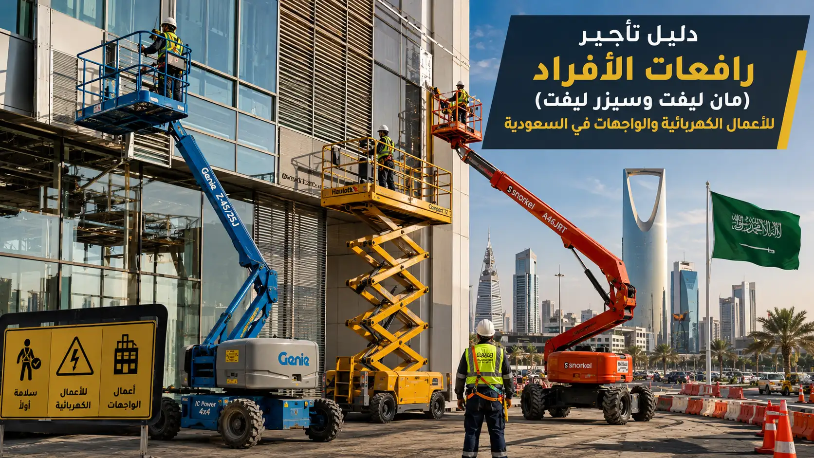 دليل تأجير رافعات الأفراد (مان لفت وسيزر لفت) للأعمال الكهربائية والواجهات في السعودية